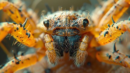 Macro shot of a vibrant yellow and blue spider with detailed textures