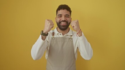 Wall Mural - Winner! excited young hispanic man wearing apron, screaming in joy over isolated yellow background. a display of exuberant success and a winning gesture