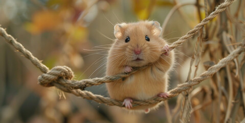 Wall Mural - Cute hamster playing with rope.