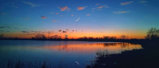 Evening sky with a crescent moon and thin clouds over a calm ocean, creating a tranquil and dreamy night scene, Photography, 50mm lens,
