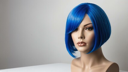 electric blue short hair wig in a mannequin head in wh background