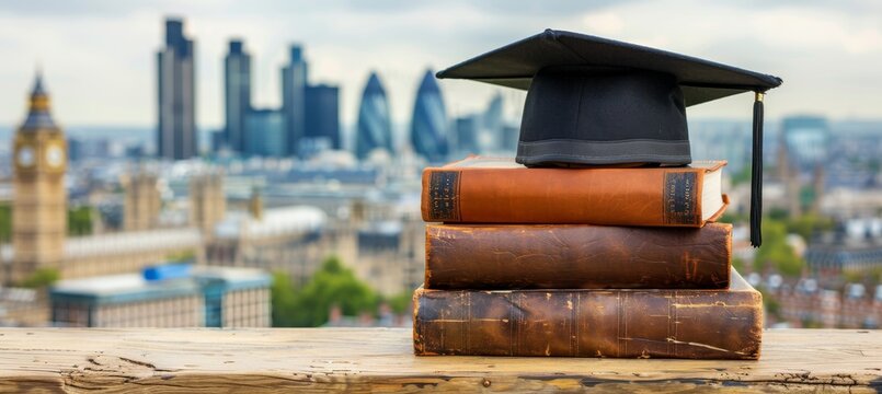 Vintage leather books with graduation cap on weathered sill against blurred cityscape view