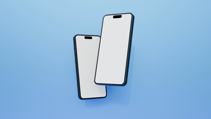 Wall Mural - Smartphone mockup in rotated position on blue background. Mobile from different angles with blank screen. Template for presentation 3D realistic device.