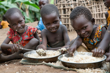 Group of African village children sharing a simple rice meal; concept of scarcity of food and malnutrition in developing countries