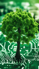 Wall Mural - Tree growing on the converging point of computer circuit board Green computing Green technology Gree