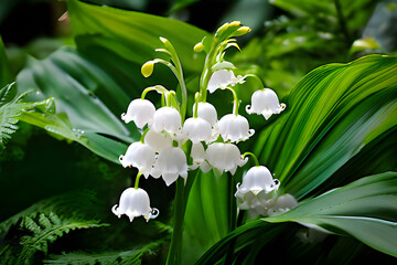 Wall Mural - A close-up photograph of delicate white Lily of the Valley flowers in full bloom, set against a backdrop of lush green leaves. 