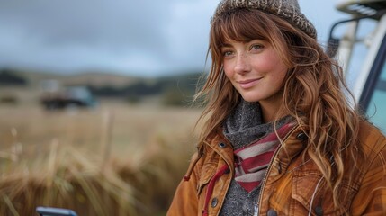 A woman wearing a warm winter jacket, hat, and scarf stands outdoors with a scenic rural backdrop featuring an open field and distant vehicle under cloudy skies.