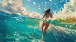 © Truprint - Illustration of a woman surfing a wave, vibrant colors capturing the exhilarating freedom of summer at the sea, hello summer. concept of summer vacation, travel