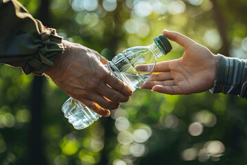 Close Up of a Anonymous Person Handing Over a Water Bottle to Another Person. Green Background in Nature. Outdoors Fourt Court Selling Drinks. Ecology, Healthcare and Hydration Concept