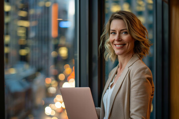 Wall Mural - A businesswoman smiles as she works on her laptop in an office overlooking a cityscape at night