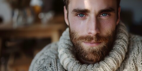 Closeup portrait of a young man with a beard in a cozy sweater. Concept Portrait Photography, Young Man, Beard, Cozy Sweater, Closeup Shot