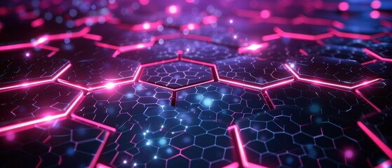 Wall Mural - Geometric digital background featuring interconnected neon hexagons, intricate tech elements, 8k UHD resolution