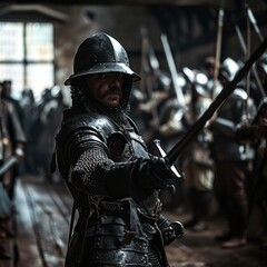 Experience history in this professional image featuring the Dutch army during the Middle Ages, presenting valorous soldiers adorned in authentic medieval armor