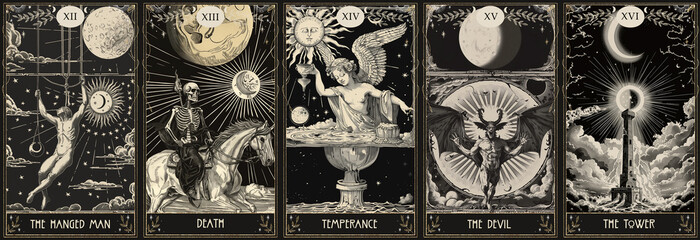 vintage vintage style deck of tarot cards. magical predictions of the future, mysterious characters. AI generated