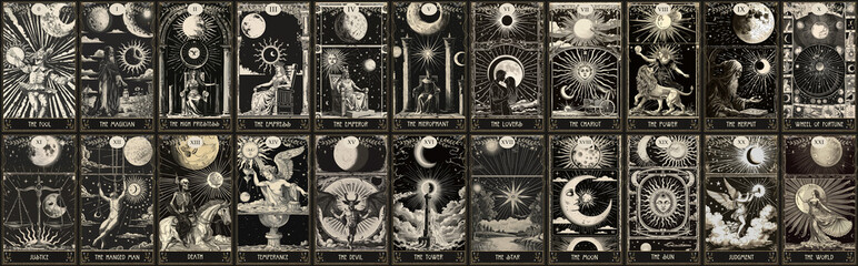 vintage vintage style deck of tarot cards. magical predictions of the future, mysterious characters.