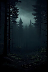 night view of the forest with a dark background, trees mountains land hills valleys at night, Generative AI