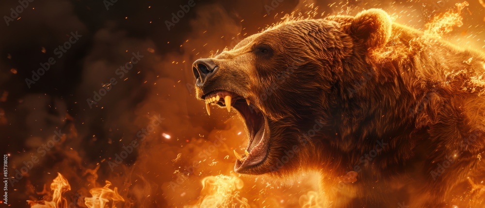 Grizzly bear roaring with fiery explosions illuminating the scene ...