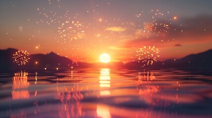 Wall Mural - Mesmerizing 3D Rendered Sunset Fireworks Minimalist Art