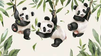 Playful pandas on branches: adorable wildlife illustration