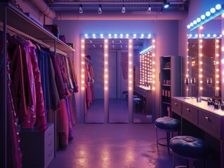 Dressing Room with Vanity Mirror and Clothes.