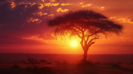 Wall Mural - Silhouette of acacia tree in African awesome sunset landscape