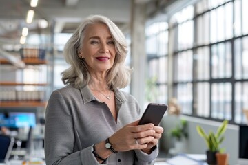 Professional middle aged businesswoman using smartphone in office with copy space