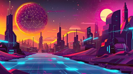 Futuristic cityscape with blockchain nodes