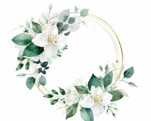 Wall Mural - White Floral Invite. Watercolor White Flowers and Greenery with Golden Frame on White Background