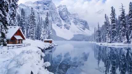 Wall Mural - Winter Cabin. Experience Peace and Serenity at Emerald Lake Lodge, Surrounded by the Beauty of Rocky Mountains and Nature in Yoho National Park, Canada