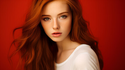 Portrait of a serious aggressive teenage girl with red long hair with perfect skin, red background, banner.