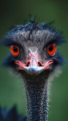 Wall Mural - Close-up of an ostrich's face with vivid orange eyes, detailed plumage and blurred green background. Wildlife portrait photography.