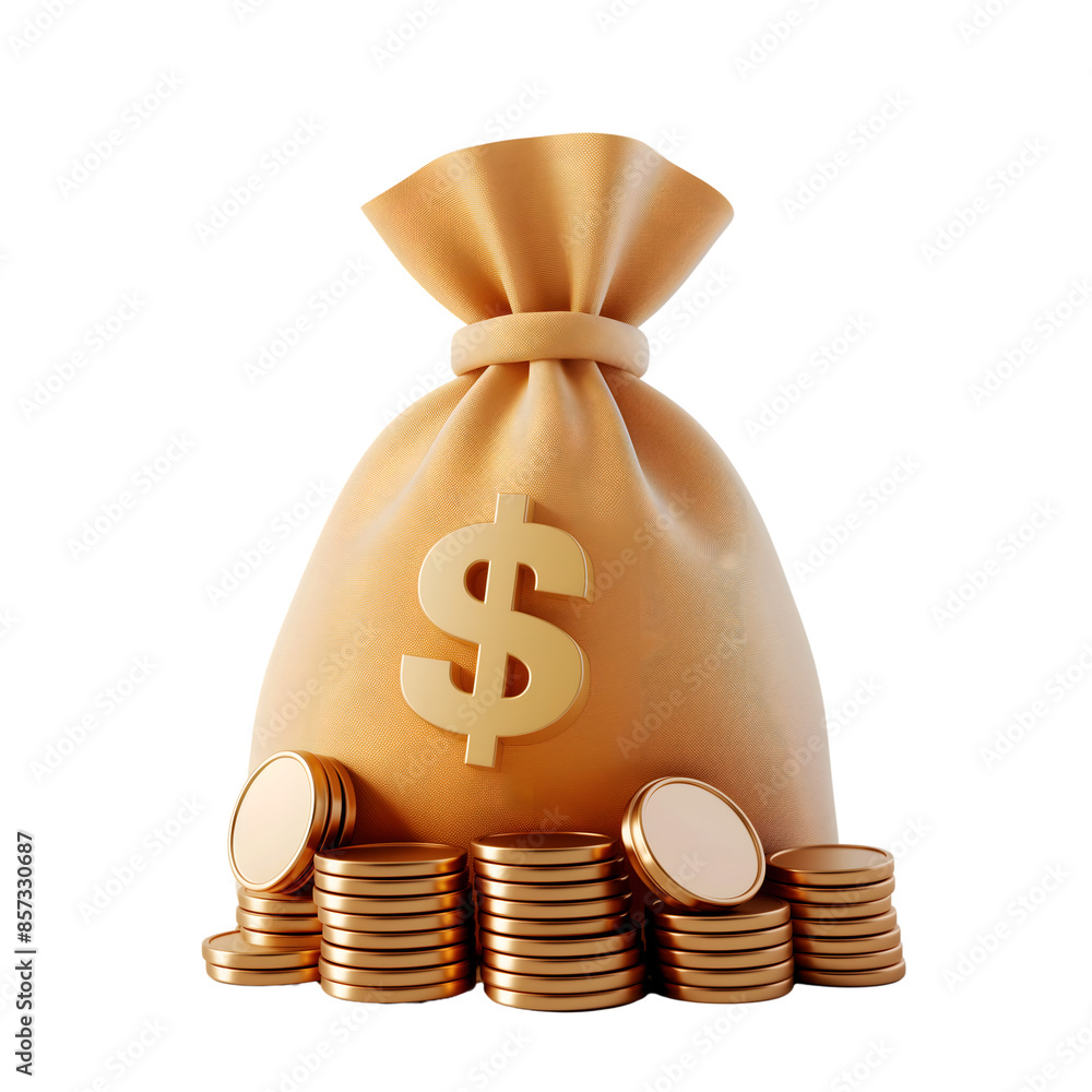 money bag with stacked coins realistic 3D isolated on transparent ...