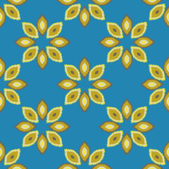 Wall Mural - Fantasy flowers of colored petals on a blue background form a floral contemporary seamless pattern. 