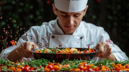 Wall Mural - A chef carefully adds peppercorns to a pan of colorful vegetables