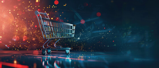 A shopping cart is shown in a blurry, colorful background