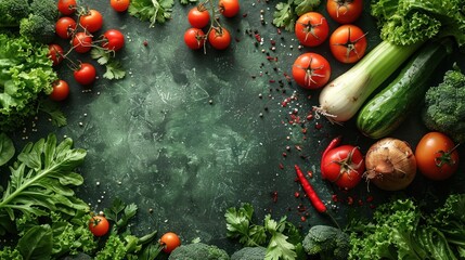 Wall Mural - A variety of fresh vegetables and herbs arranged on a dark green background