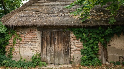 Poster - Weathered wooden doors in clay cellar with thatched roof in summer garden of rural estate