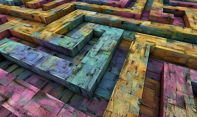 Wall Mural - illustration of high angle of wooden colorful labyrinth with geometrical narrow paths with blocks and cubes