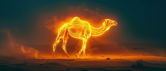 Wall Mural - Neon-highlighted silhouette of a camel in the desert