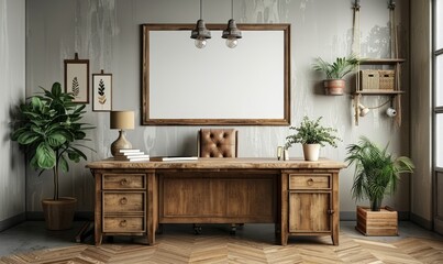 Rustic office with a blank wall frame