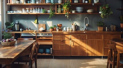 Wall Mural - A welcoming mid-century kitchen setup showcasing a wooden dining table set against kitchen cabinets topped with a wooden countertop.