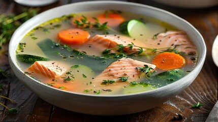 Wall Mural - A close-up shot of a bowl of salmon and vegetable soup with fresh thyme