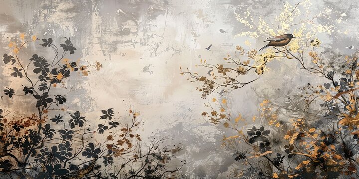 Painting of abstract background with flowers, branches, birds, golden strokes