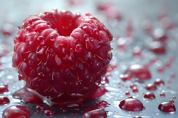 Wall Mural - Fresh Raspberry with Water Droplets - Macro Photography for Print, Card, Poster Design