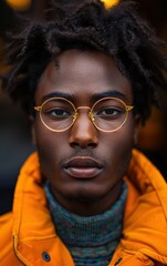 Wall Mural - A man with dreadlocks and glasses is wearing a yellow jacket. He has a serious expression on his face