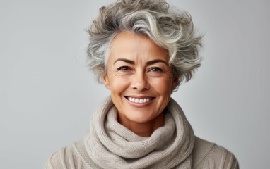 Wall Mural - A woman with a gray and white head of hair is smiling and wearing a white sweater. She has a scarf around her neck and is wearing glasses