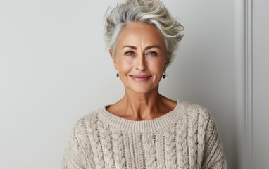 Wall Mural - A woman with gray hair and a white sweater is smiling. She is wearing earrings and a necklace