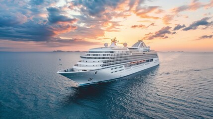 A beautiful white cruise ship sailing on the ocean during early morning, depicting exclusive tourism and summer vacation travel concepts. 