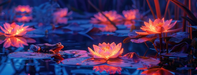 Neon frogs on glowing lily pads