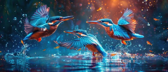 Neon kingfishers diving for fish